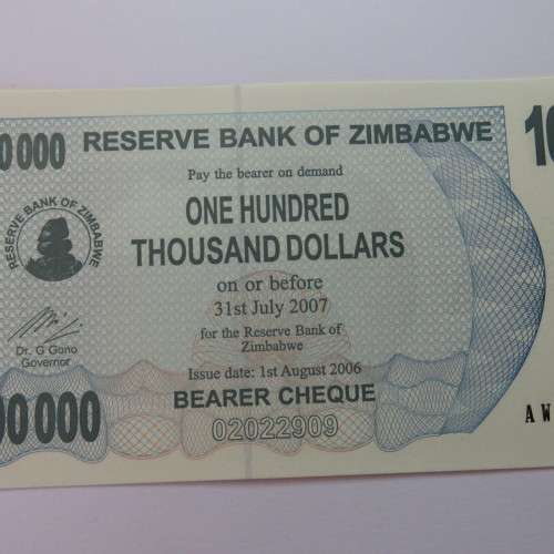 Zimbabwe Bearer cheque 1-8-2006 $100000 AW 2795917