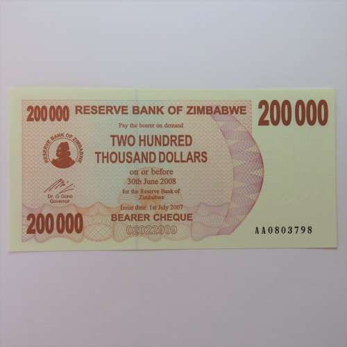 Zimbabwe Bearer cheque 1-7-2007 $200000 uncirculated AA 0803798 ZW 83