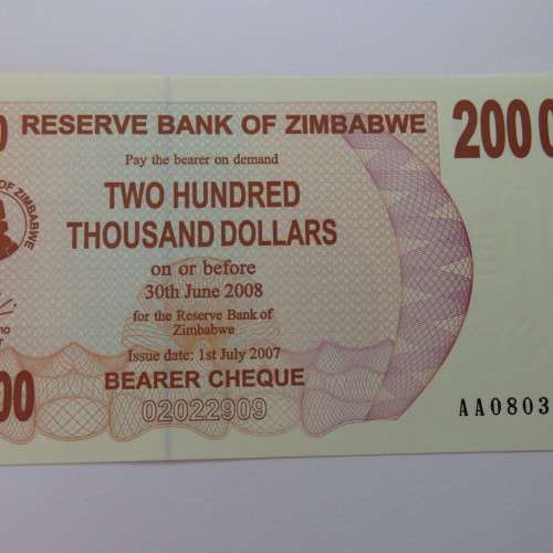 Zimbabwe Bearer cheque 1-7-2007 $200000 uncirculated AA 0803798 ZW 83