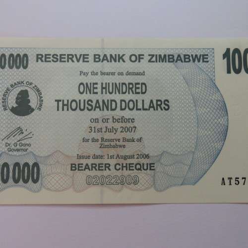 Zimbabwe Bearer cheque 1/8/2006 $100000 uncirculated AT5760379 ZW 82