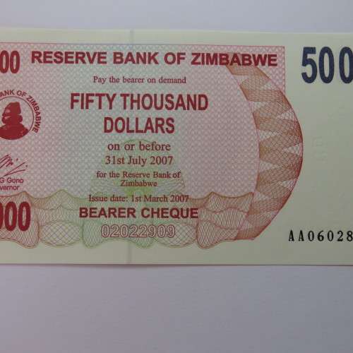 Zimbabwe Bearer cheque 1-3-2007 $50000 uncirculated AA 0602894