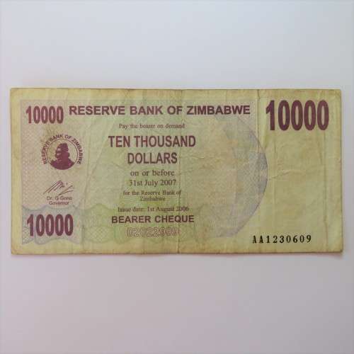 Zimbabwe Bearer cheque $10000 1/8/2006 VG-Fine 10000 without space AA 1230609 ZW 78