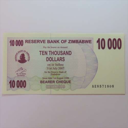 Zimbabwe Bearer cheque 1/8/2006 $10000 uncirculated 10000 with space after 10 AE 8571808