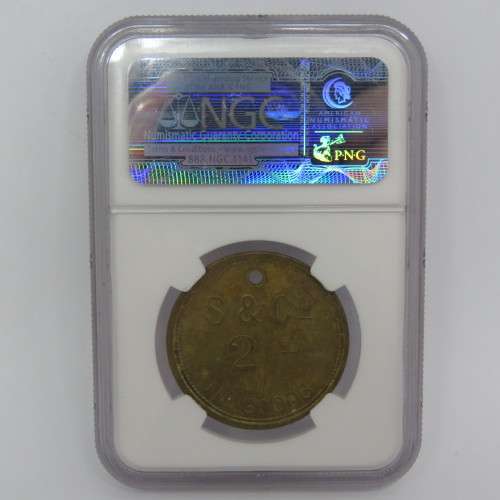 Strachan and Co 2 Shilling token graded AU53 by NGC