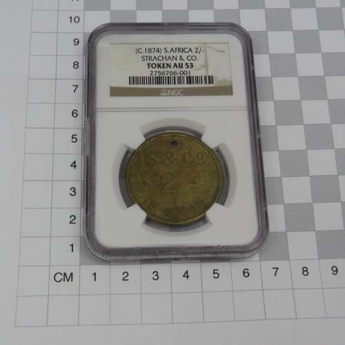 Strachan and Co 2 Shilling token graded AU53 by NGC