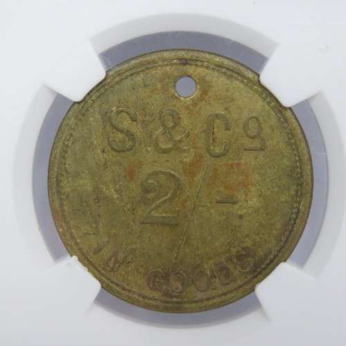 Strachan and Co 2 Shilling token graded AU53 by NGC