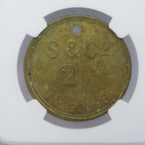 Strachan and Co 2 Shilling token graded AU53 by NGC