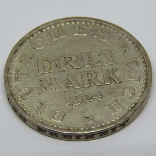 1924 G Germany Weimar Republic Drei Mark XF+