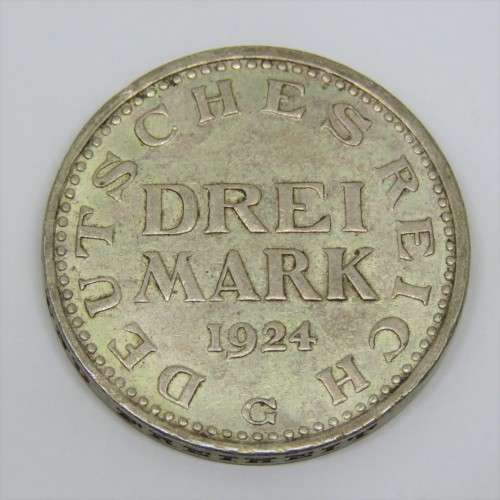 1924 G Germany Weimar Republic Drei Mark XF+