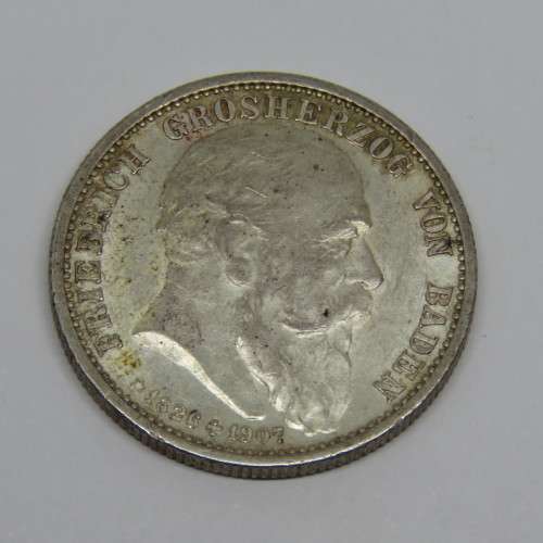 1907 German states Baden silver 2 Mark uncirculated - Bag marks - Full mint lustre