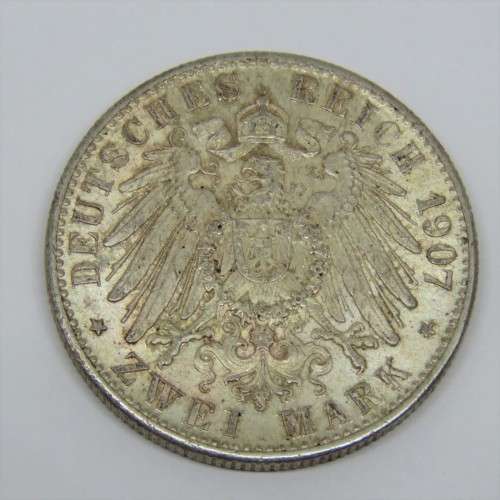 1907 German states Baden silver 2 Mark uncirculated - Bag marks - Full mint lustre