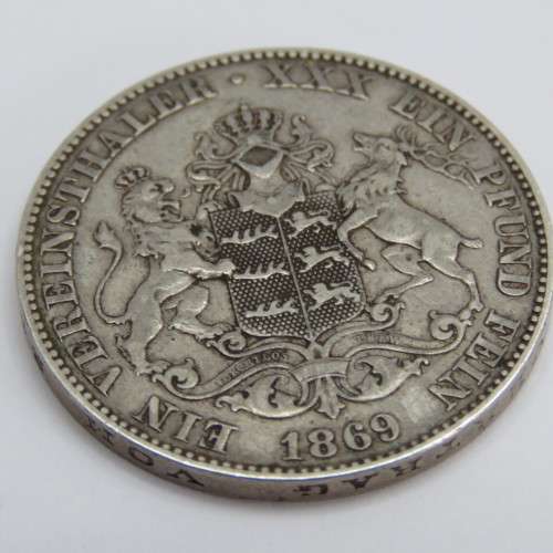 1869 German States Wurttemberg Thaler - Scarce - 31000 minted VF+