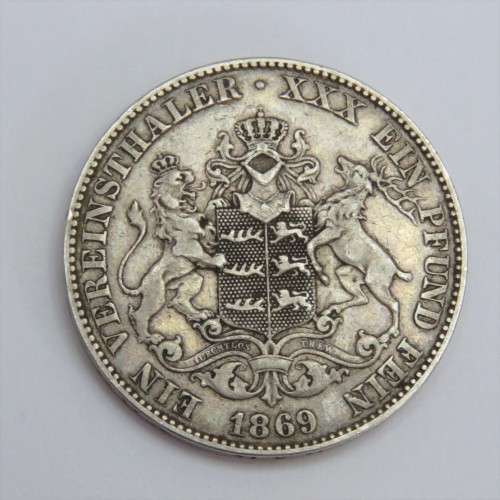 1869 German States Wurttemberg Thaler - Scarce - 31000 minted VF+