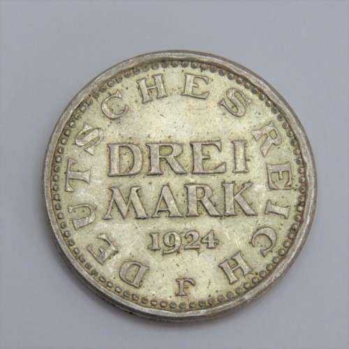 1924 F Germany Weimar Republic Drei Mark AU