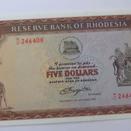 Reserve Bank of Rhodesia Five Dollars 20 October 1978 - Crisp Uncirculated