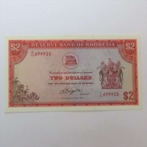 Reserve Bank of Rhodesia two dollars - 24 May 1979 uncirculated with very light paper clip dent