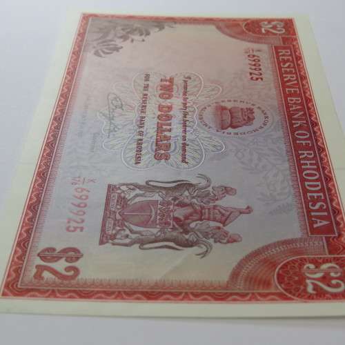 Reserve Bank of Rhodesia two dollars - 24 May 1979 uncirculated with very light paper clip dent