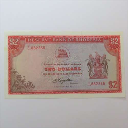 Reserve Bank of Rhodesia Two Dollars 24 May 1979 uncirculated with vertical dent centre