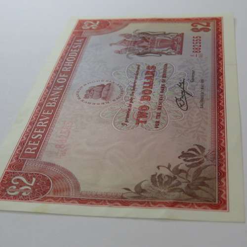 Reserve Bank of Rhodesia Two Dollars 24 May 1979 uncirculated with vertical dent centre