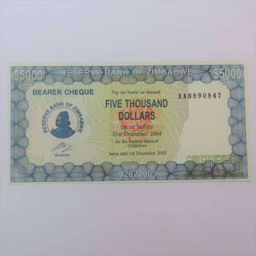 Zimbabwe Bearer cheque 31 Des 2004 $5000 uncirculated