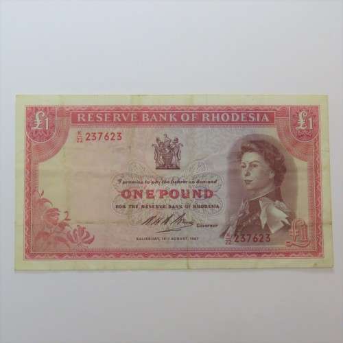 Reserve Bank of Rhodesia One Pound Salisbury 18 August 1967 VF+