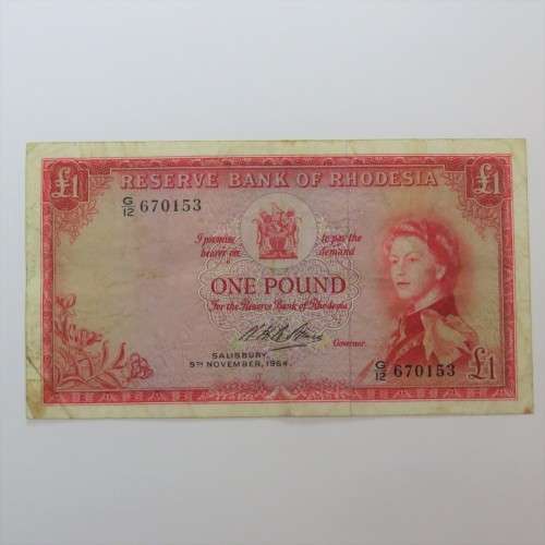Reserve Bank of Rhodesia One Pound G12 Salisbury 9 November 1964 - VF