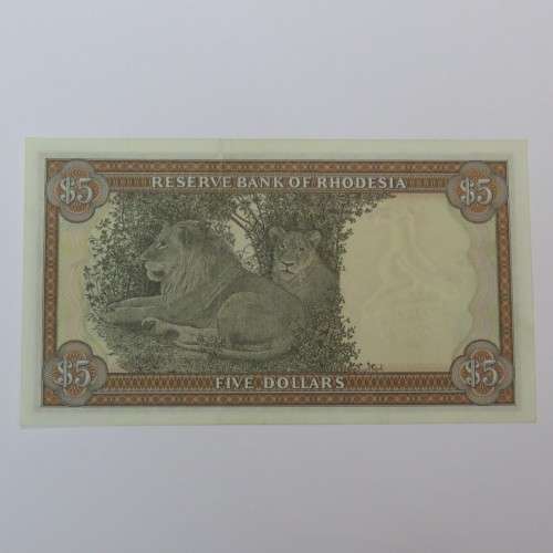 Reserve Bank of Rhodesia Five Dollars - 15 May 1979 - Uncirculated with fine creases and dirt spots