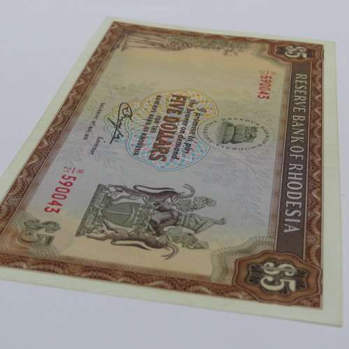 Reserve Bank of Rhodesia Five Dollars - 15 May 1979 - Uncirculated with fine creases and dirt spots