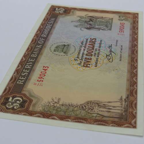 Reserve Bank of Rhodesia Five Dollars - 15 May 1979 - Uncirculated with fine creases and dirt spots