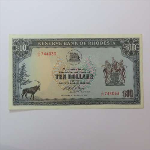 Reserve Bank of Rhodesia Ten Dollars 15 December 1973 uncirculated