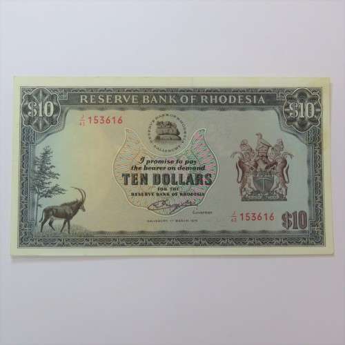 Reserve Bank of Rhodesia Ten Dollars 1 March 1976 uncirculated with light dirt staining