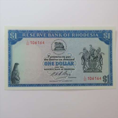 Reserve Bank of Rhodesia one dollar 15 October 1974 choice uncirculated