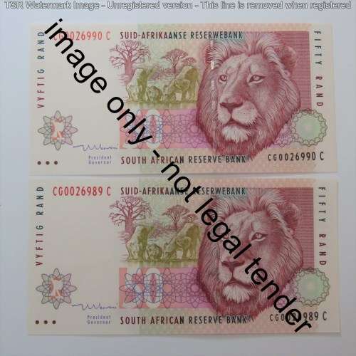 Mboweni First Issue pair of uncirculated R50 notes with consecutive numbers