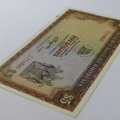 Reserve Bank of Rhodesia Five Dollars - 20 October 1978 - AU with small rust mark bottom