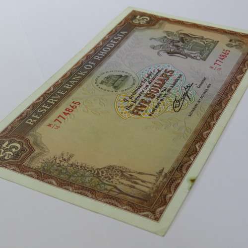 Reserve Bank of Rhodesia Five Dollars - 20 October 1978 - AU with small rust mark bottom