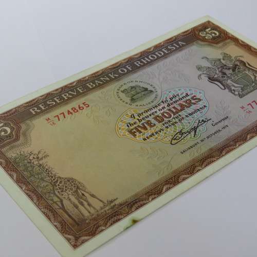 Reserve Bank of Rhodesia Five Dollars - 20 October 1978 - AU with small rust mark bottom