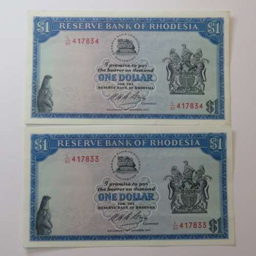 Reserve Bank of Rhodesia One dollar 15 October 1974 lot of 6 banknotes