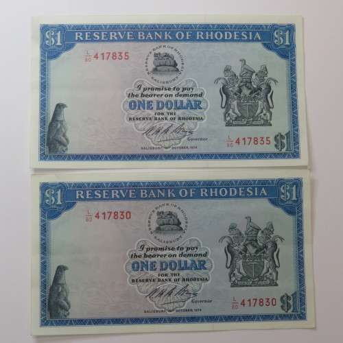 Reserve Bank of Rhodesia One dollar 15 October 1974 lot of 6 banknotes