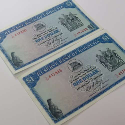 Reserve Bank of Rhodesia One dollar 15 October 1974 lot of 6 banknotes