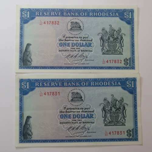 Reserve Bank of Rhodesia One dollar 15 October 1974 lot of 6 banknotes