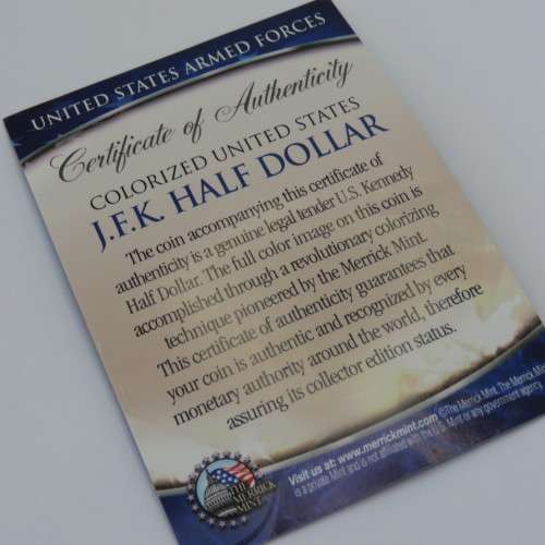 Colorized JFK half dollar with certificate
