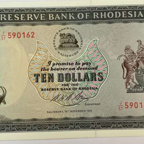 Reserve Bank of Rhodesia Ten Dollars 19 November 1975 - Uncirculated
