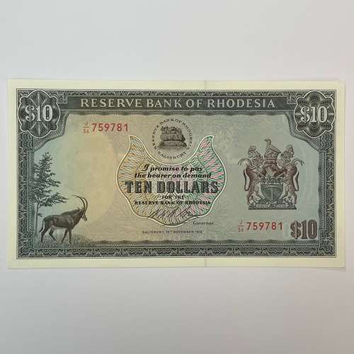 Reserve Bank of Rhodesia Ten Dollars 19 November 1975 uncirculated and top quality
