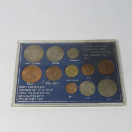 Great Britain coin set with last Pound, shilling, penny coins and First Decimal coins - uncirculated