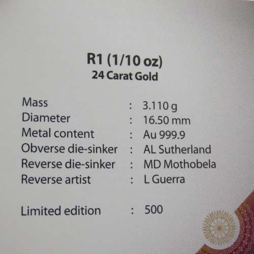 2015 RSA South African 1/10th Reptiles series Proof Gold R1 coin - The Nile Crocodile in box with CO