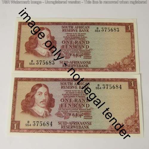 TW de Jongh 3rd issue Pair of uncirculated R1 notes with Consecutive numbers