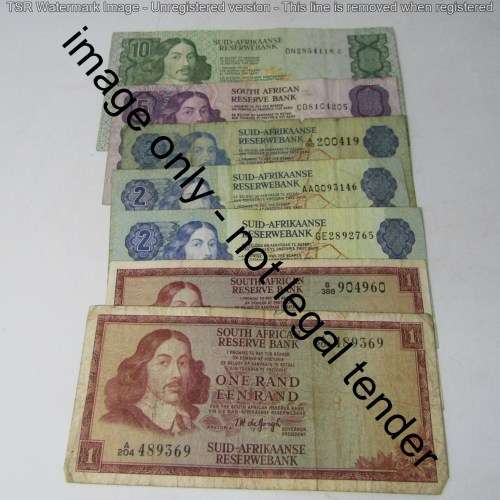 Lot of 7 different old South Africa banknotes - R1, R2, R5 and R10