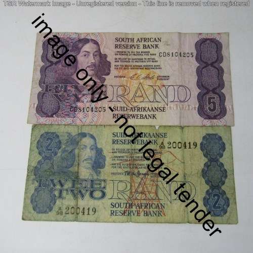 Lot of 7 different old South Africa banknotes - R1, R2, R5 and R10