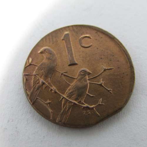 1975 South Africa cent struck on half cent planchet - weighs 2g