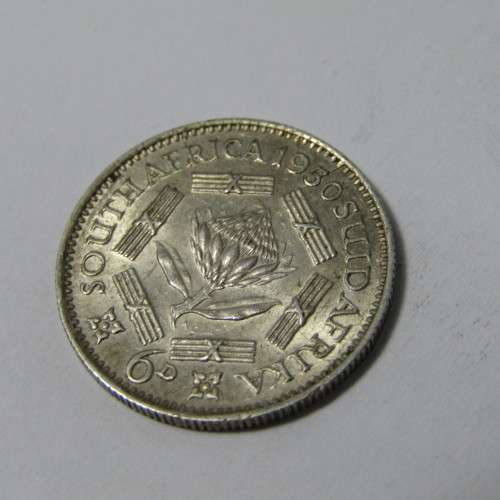 1950 South Africa Silver AU sixpence with cracked die marks near date